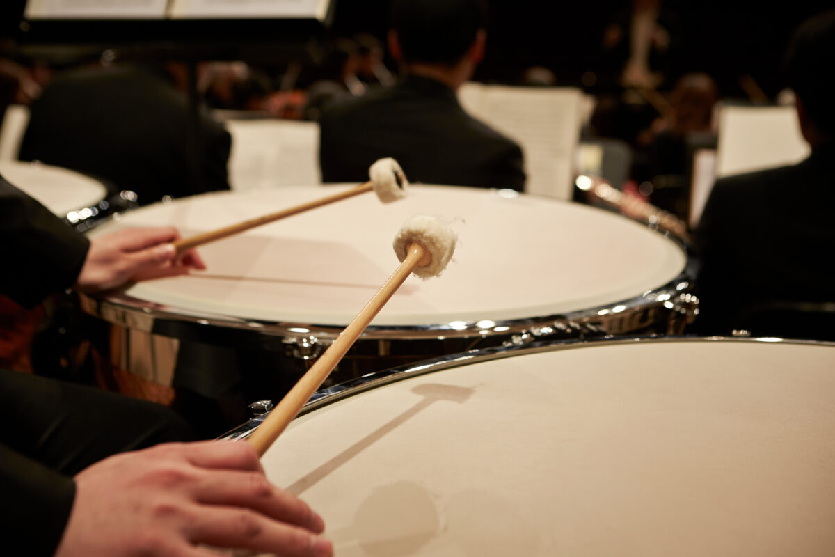 used student instruments Close-up of hands playing timpani