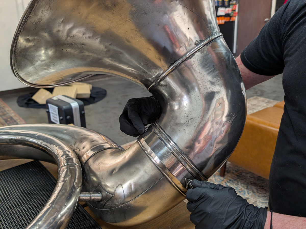 sousaphone being assembled, musical instrument repair career